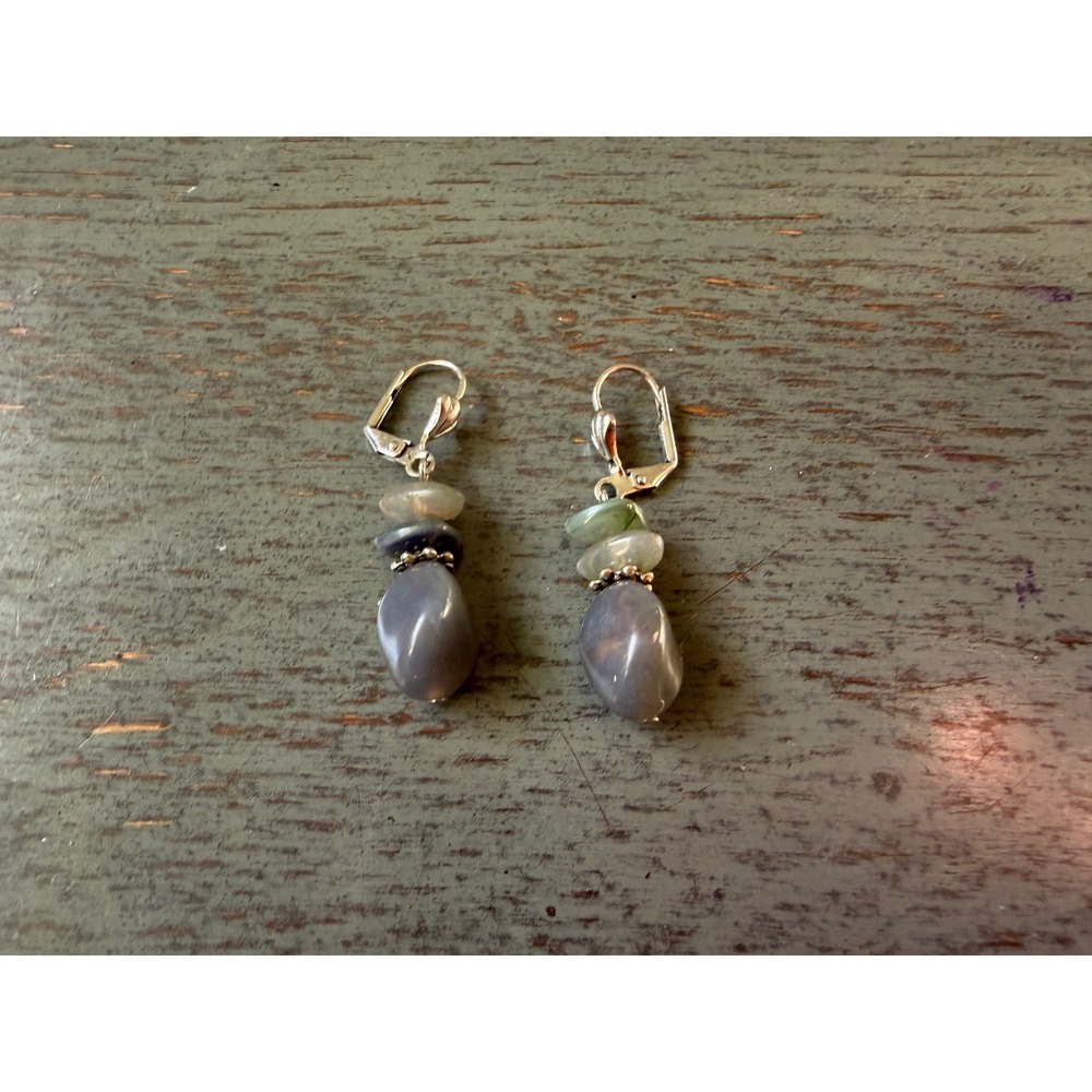 Natural Stone Chip Drop Earrings Gray Green Tumbled Bead Lever Back Dangle